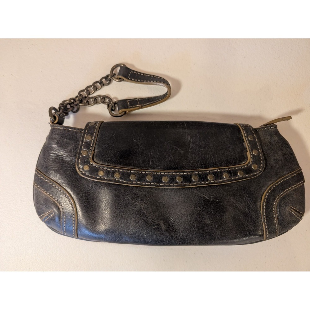 Black Leather Kiss-Lock Clutch Purse Studded Vintage Look Chain Strap - Picture 1 of 4